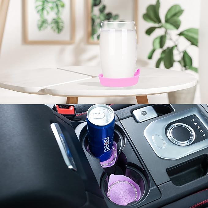 Amooca Car Cup Coaster Universal Non-Slip Cup Holders Bling Crystal Rhinestone Car Interior Accessories 4 Pack Pink