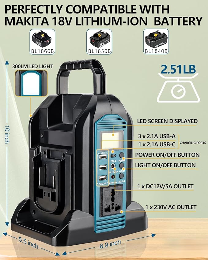 Taingwei 350W Power Inverter for Makita 18V Battery, 2-Ports DC 18V to AC 110-120V Pure Sine Wave Battery Inverter with 3 USB-A Port, 1 USB-C Port,300lm LED Light for Camping Emergency(Tool Only)