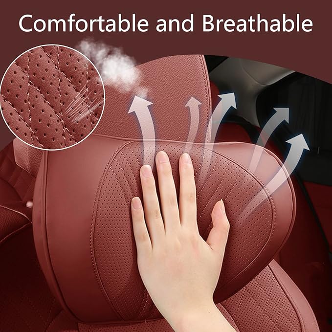 Car Neck Pillow Memory Foam Premium Leather Headrest Neck Support Cushion Universal for Driving Home Office, Red,2PC