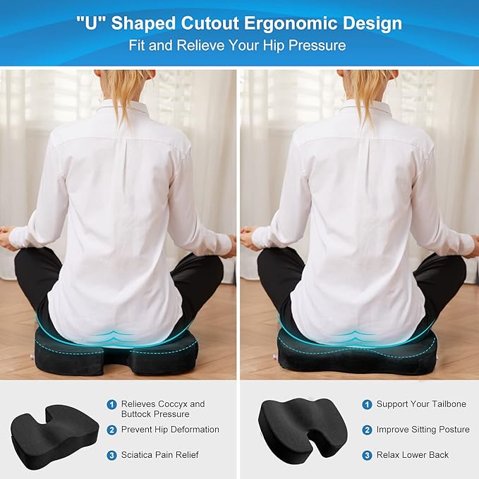 Bomdaia Seat Cushion Pillow for Office Chair, Car Seat Cushion Pad for Desk Chair, Non-Slip Memory Foam Coccyx Seat Cushion for Back, Sciatica & Tailbone Pain Relief (Black)