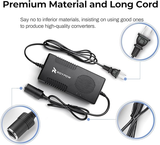 RoyPow AC to DC Converter, 120W (Max 150W) 120V/110V to 12V/10A Cigarette Lighter Socket AC/DC Adapter, 120V/110V to 12V Converter, Power Supply for Inflator, Car Refrigerator, Car Vacuum Cleaner
