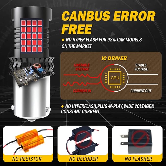 Red BAU15S PY21W LED Bulbs Canbus Error Free For Reversing Brake Lights,BAU15S Led For Center Brake,PY21W Bulb For Rear Tail Lights Fog Lights 2000Lm 21W(2 PCS)