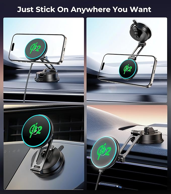 【Vacuum Suction Folding Car Mount】 Certified Qi2 Charger for MagSafe, 360° Adjustable Aluminum Alloy Arm, Phone Holder for Tesla/Car Rental/Gym/Mirror/Shower/Smooth Surface iPhone 16/15 Pro Max