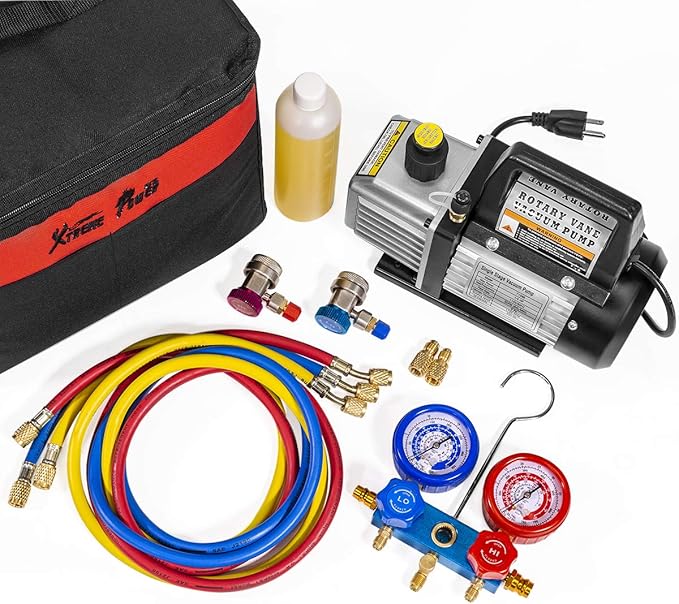 XtremepowerUS HVAC Air Vacuum Pump 3CFM 1/4HP (R134a R12 R22 R410a) A/C Refrigeration AC Manifold Gauge R134 Can-Tap Included Carrying Tote