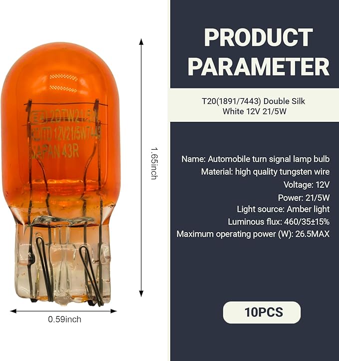 10 PCS Car T20 1891/7443 Brake Bulb, Waterproof Lamp Housing Double Filament Bulb, Miniature Light Reverse, Parking, Tail Light, Plug and Play, Replacement for Cars, Trucks, SUVs (Amber)