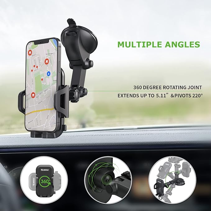 Esoulk 360° Rotating Windshield & Dashboard Car Phone Holder – Strong Suction Cup, Adjustable Long Arm, Secure Grip, Compatible with iPhone, Samsung, Android, GPS – Stable, Durable & Easy to Install