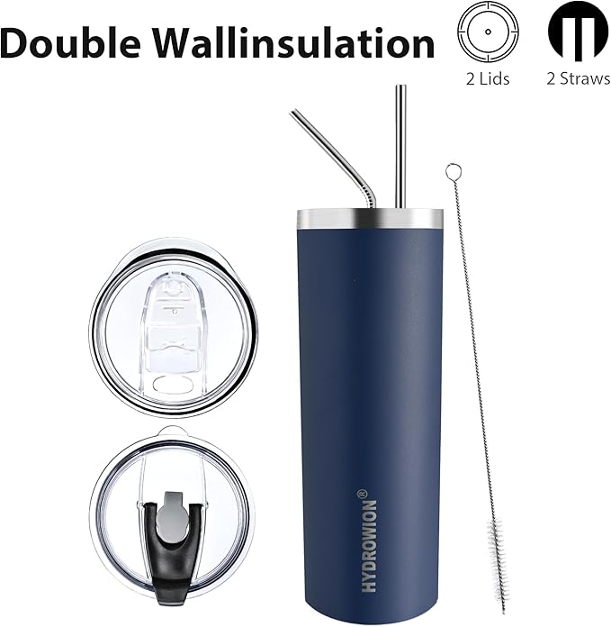 HYDROWION Triple-Insulated Tumblers - Stainless Steel with Lid and Straw, 20 oz Water Bottle, Stainless Steel Cups, Coffee Travel Mug for Home & Office Navy Blue