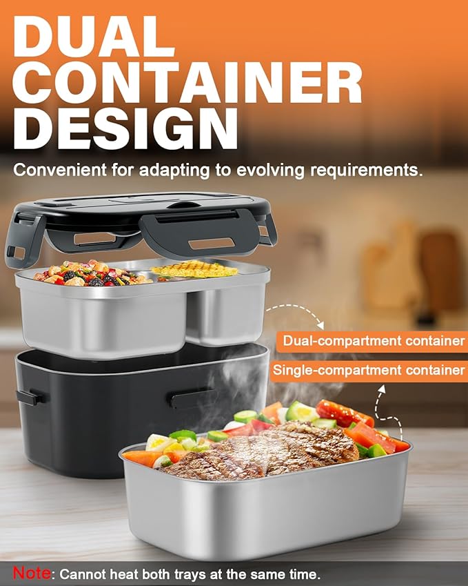 Electric Lunch Box for Men, Women & Adults - 80W Fast Heating - Heated Lunch Box with Dual 1.5L SS Containers - Portable Food Warmer for Car, Truck, Office