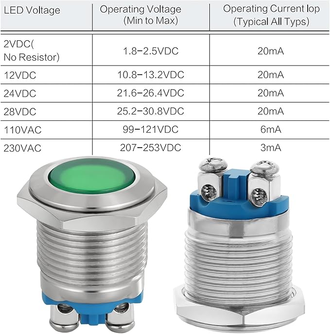 (2 Pcs) Signal Light 16mm 5/8" Indicator Light LED 12V/24V DC/AC Pilot Lamp Waterproof IP67 Metal Stainless Steel 304 Screw Pin