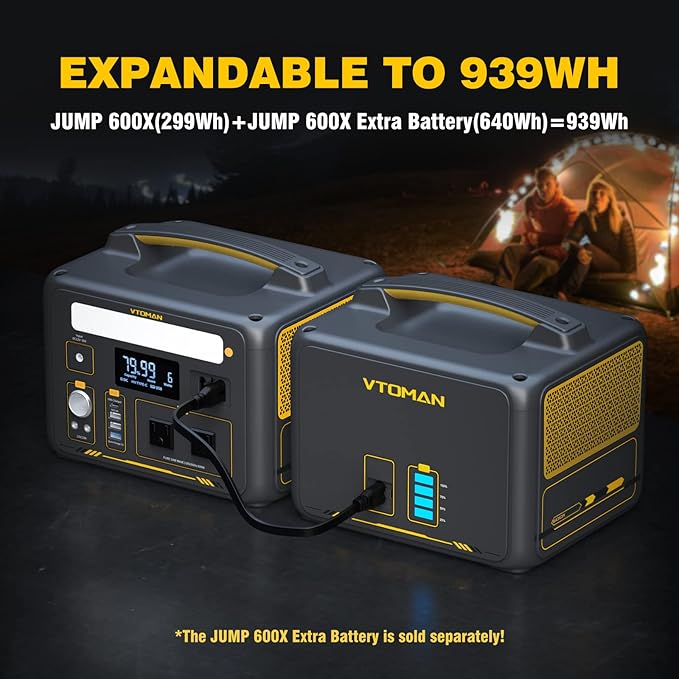 VTOMAN Jump 600X Portable Power Station with 110W Solar Panel, 600W/299Wh LiFePO4 Battery Solar Generator, 1200W AC Outlet, PD 60W USB-C, 3x Regulated 12V/10A DC for RV, Outdoor Camping, Home Backup