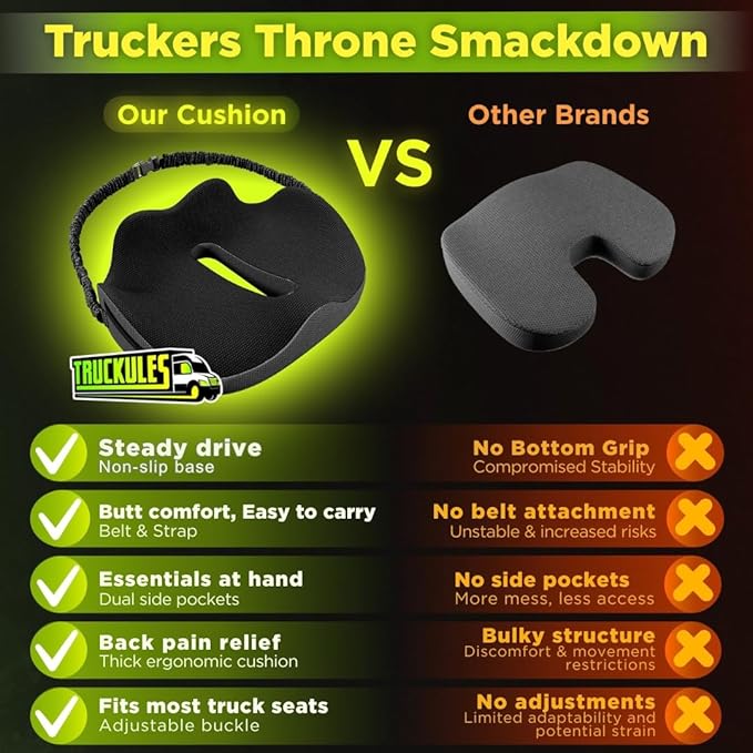 Large Truck Seat Cushion for Truck Driver Seat Cushion - Upgraded Back Support, CertiPUR-USยฎ Certified - Thick Memory Foam, Pain Relief for Hours of Driving, Trucker Approved Big Rig - Black