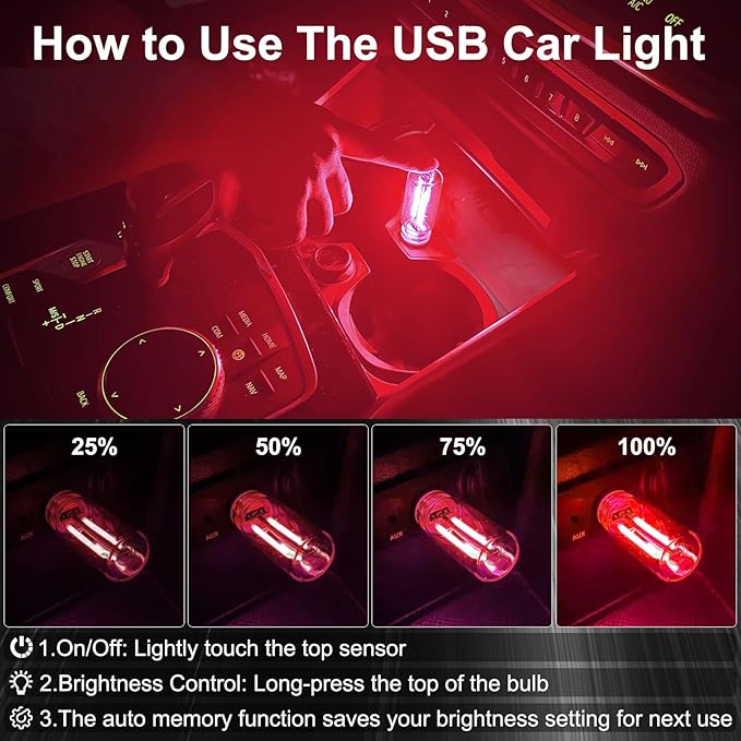 LYCARESUN 2 PCS Car USB Night Light Bulb, Touch Dimmable Car Interior Ambient Lights, Portable Mini USB Retro Glass Bottle Lamp Decorations for Vehicle, Bedroom, Hallway, Camping (Red)