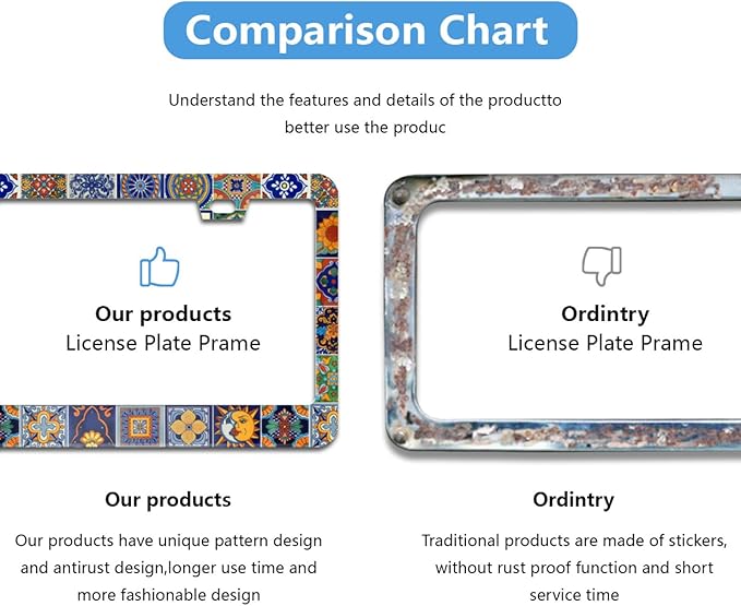 Mexican Tiles License Plate Frame Boho License Plate Frames Aluminum Car Accessories Cover with 2 Holes and Screws 12 x 6 Inch for Front Rear Car Plate Decor for Women Men