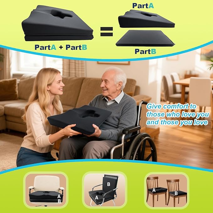 Gel Wheelchair Seat Cushion,Bed Sore Cushions for Butt,Relieve Sciatica,Coccyx,Pressure Sore and Ulcer Pain Relief Pillow,Cushion for Office Chairs,Removable&Washable Cover.(Elevated Set Black)
