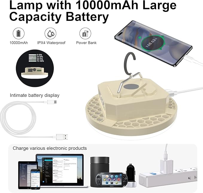 10000mAh Rechargeable 3000LM Tent Light Camping Light, 6500K 24Hours Long Play Time , Outdoor Night Market Light Night Fishing Light Emergency Lights for Hurricane Tsunami disasters (30W(Beige))
