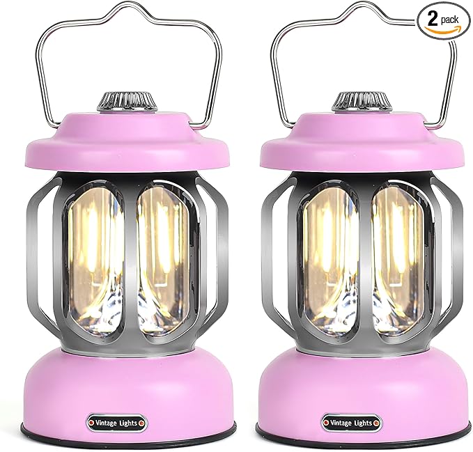 Rechargeable LED Camping Lanterns, Vintage Camping Lights Battery Operated, Portable Retro Metal Glamping Lights for Hiking, Hurricane, Decoration, Power outages, Pink, 2 Pack