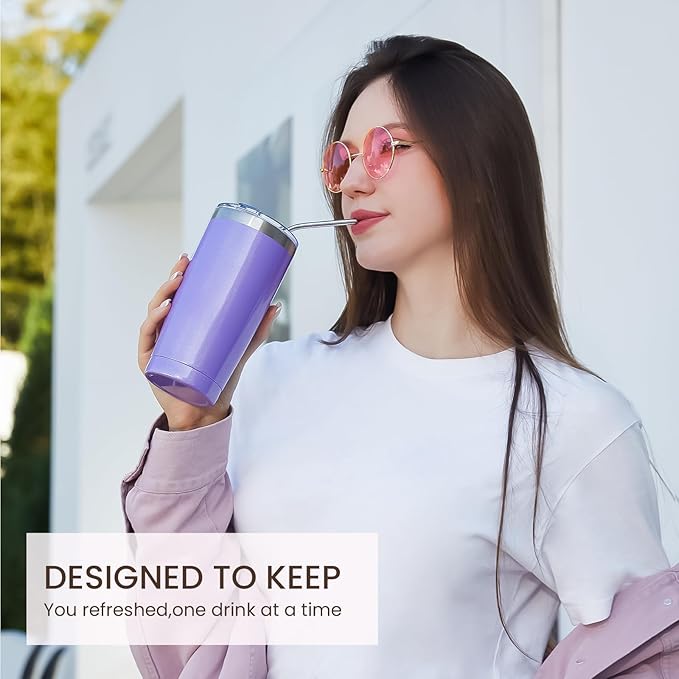 MEWAY 20oz Tumbler 12 Pack Double Wall Vacuum Insulated Travel Glitter Mug Bulk, Stainless Steel Tumblers with Lid and Straw, Powder Coated Coffee Cups for Woman(Rainbow Purple,Set of 12)