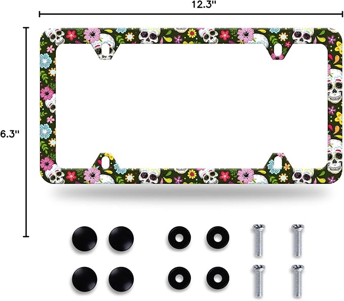 Sugar Skull License Plate Frame Skull and Flowers License Plate Stainless Steel Auto Parts Funny License Plate Decorative with Screws Size 12.3" x 6.3" for Women Men