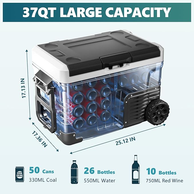 EUHOMY 12 Volt Refrigerator, 37QT(35L) Electric Cooler, Portable Freezer 12V/24V DC 100-240V AC, 12V Fridge -4℉~68℉, 12V Cooler with Wheels & 2 Baskets for Travel, Truck, Boat, Camping