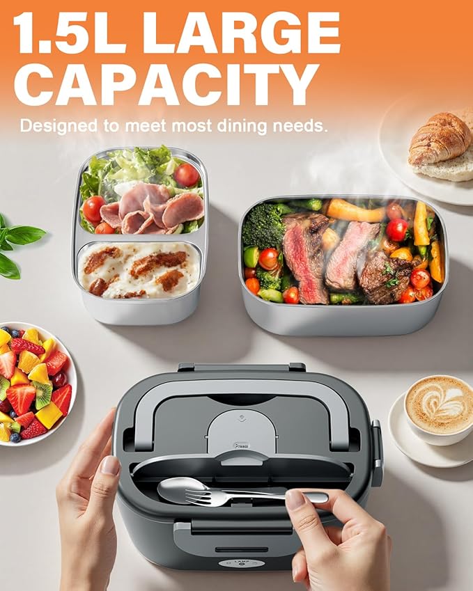 Electric Lunch Box for Men, Women & Adults - 80W Fast Heating - Heated Lunch Box with Dual 1.5L SS Containers - Portable Food Warmer for Car, Truck, Office