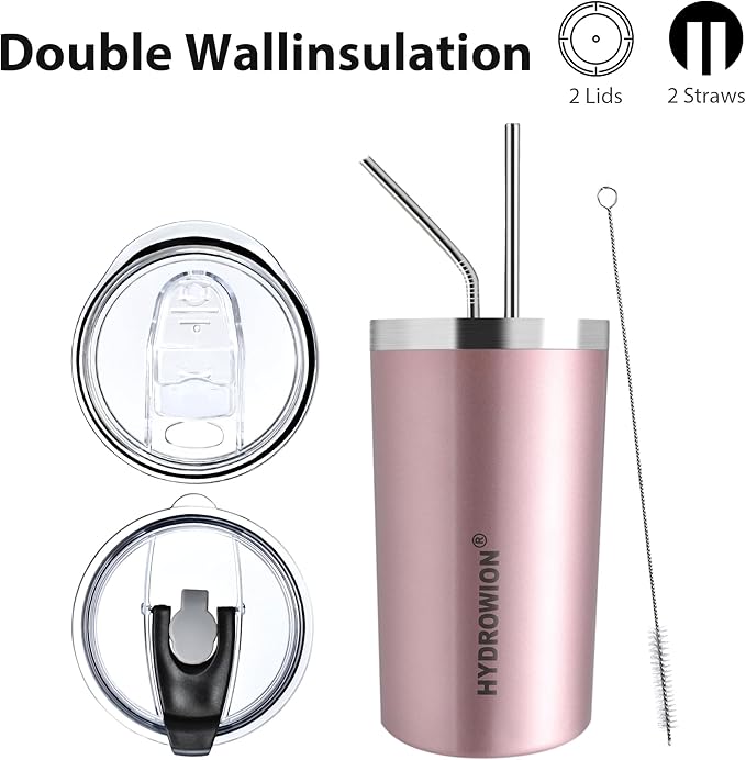 HYDROWION Triple-Insulated Tumblers - Stainless Steel with Lid and Straw, 12 oz Water Bottle, Stainless Steel Cups, Coffee Travel Mug for Home & Office Rose Gold