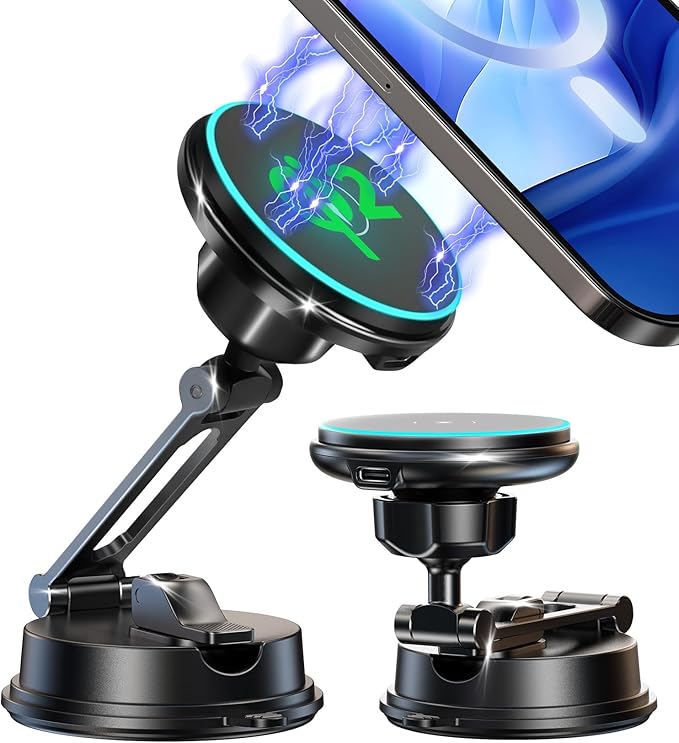 【Vacuum Suction Folding Car Mount】 Certified Qi2 Charger for MagSafe, 360° Adjustable Aluminum Alloy Arm, Phone Holder for Tesla/Car Rental/Gym/Mirror/Shower/Smooth Surface iPhone 16/15 Pro Max
