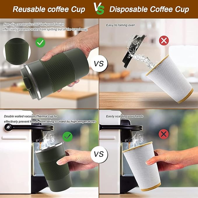 YINBAOGE Insulated Travel Coffee Mug, Spill & Leak Proof, Portable To Go Camping Stainless Steel Coffee Tumbler, Reusable Thermal Coffee Cup with Lid for Hot & Cold Drinks (Green, 17 OZ)