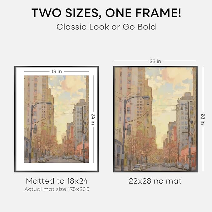 Homeforia 22x28 Poster Frame Black, High End Metal 22 x 28 Large Picture Frames with Mat 18 x 24 for Photo, 22x28 Thin Frame Matted to 18x24 inch Print, 28x22 Frame, Tempered Glass, Wall Kit, Set of 2