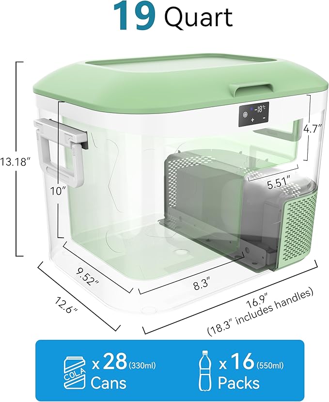 Car Refrigerator Portable 12V Fridge 19 Quart (18 Liter) 12 Volt Freezer Compressor Cooler 12V/24V DC 110~240 V AC for Truck Van RV Camper SUV and Home Use -18℃~+15℃