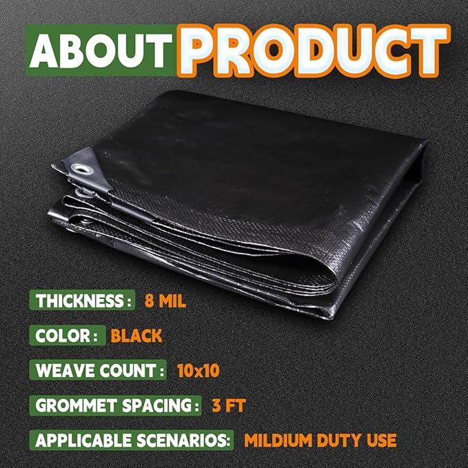 RAINDEWAY Small Black Tarp 6x6 Feet, UV Resistant, 8 Mil Multipurpose Medium Duty Waterproof Poly Tarp Cover with Metal Grommets and Reinforced Edges
