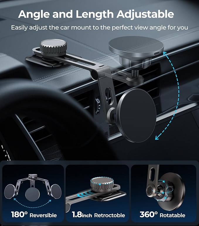 for MagSafe Car Mount Wireless Charger, Foldable Magnetic Phone Holder, Multiple Installation Options for Universal Dashboard & Tesla Screen, Fit for iPhone 16, Best Car Accessories for Men & Women