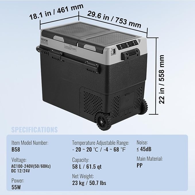 VEVOR Portable Car Refrigerator, 12 Volt Car Refrigerator Fridge, 58 L / 61.5 QT Dual Zone Portable Freezer, -4℉-68℉ Adjustable Temperature, Compressor Cooler for Home, Outdoor, Camping, RV, Car