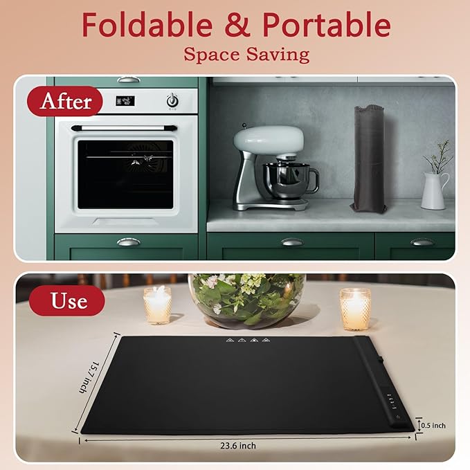 Electric Warming Tray, Full Surface Heating, Portable Food Warmer Rolling Silicone Mat, Food Warmer for Parties FeaturesFoldable Design & Fast Heating, Warming Plate for Buffet (Black)