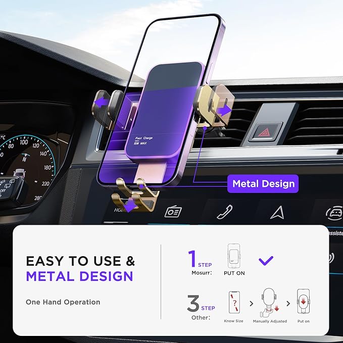 Wireless Car Charger,【7 Colored RGB Backlit】 15W Auto Clamping Phone Holders for Your Car for iPhone 16 15 14 13 12 Mini Pro Max 11 XR XS X, Samsung Galaxy S24 Ultra S23 S22 S21+ Note 20, etc - Gold