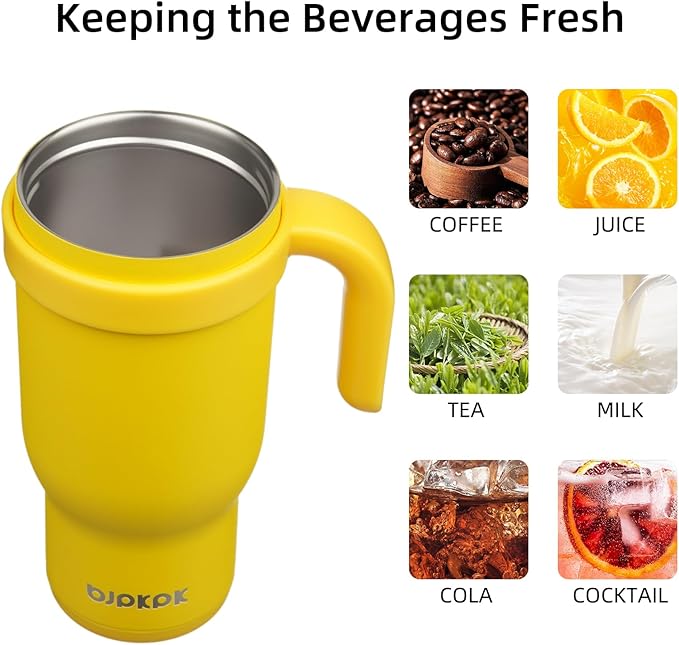 BJPKPK 18 OZ Insulated Travel Tumbler with Handle and Straw, Stainless Steel Water Bottle, Double Wall Vacuum Insulated Mug, for Work, Car, Travel, Yellow