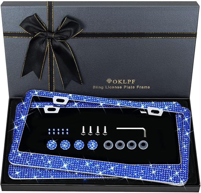 OKLPF Bling License Plate Frame for Women, 2PCS Sparkly License Plate Frames| Over 1200 pcs14 Facets Bedazzled Clear Glass Diamond Rhinestone Crystals w/Free Glitter Diamond Box (Dark Blue)