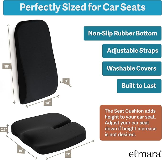 Elmara Car Seat Cushions for Driving – Car Seat Back Support, Driver Seat Cushion and Back Cushion for Car, Pillow for Driving Seat – The Ultimate Comfort Solution for Cars (Ink Black)