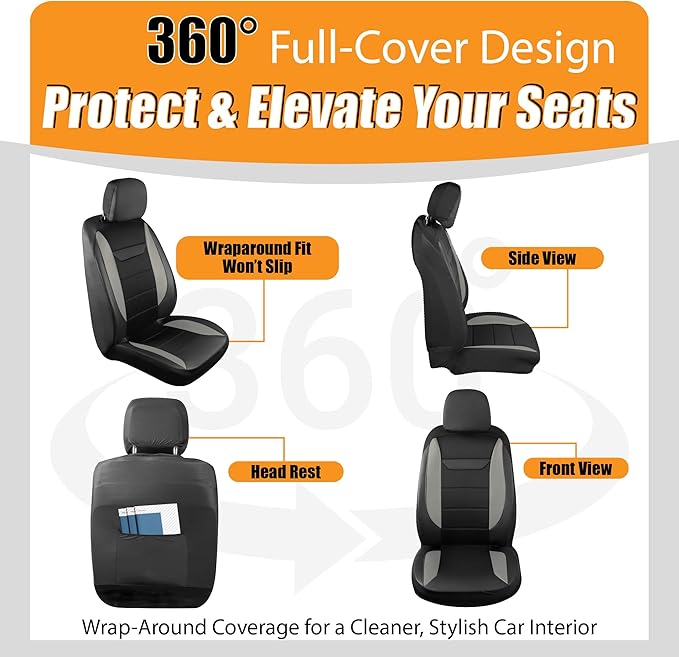 kingphenix 2PCs Memory Foam Leather Car Seat Covers, Breathable 4D Mesh, Easy Install Automotive Seat Protectors, Airbag Compatible, Universal Fit for Cars, Trucks, Vans, SUV - Gray