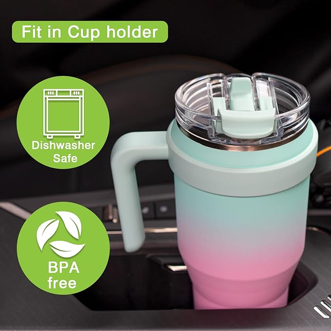 Zukro 40 oz Tumbler With Handle And Straw, Leak-proof Closable Flip Straw Lid, Insulated Stainless Steel Coffee Cup for Hot and Cold Drinks, Travel Mug Fit in Cup Holder, Dishwasher Safe