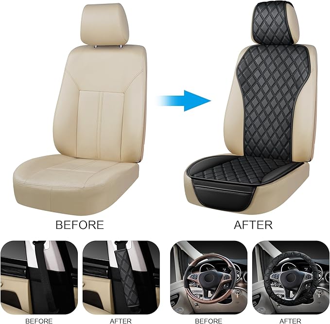 2PCS Leather Car Seat Covers, Front Seat Covers with Steering Wheel Cover and Two Seat Belt Pads, Waterproof Seat Protector for Cars Universal Fit 95% Vehicles (Black)