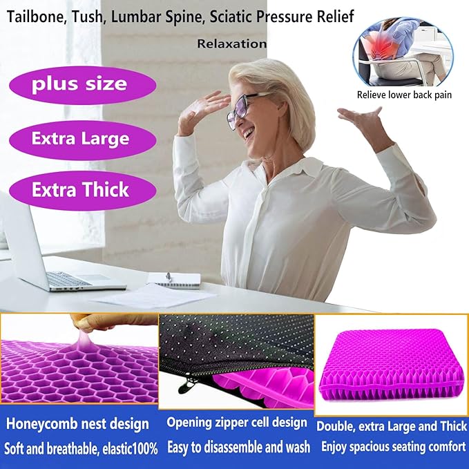 Plus Size Gel Seat Cushion for Long Sitting, Extra Large and Thick, Seat Cushion for Back, Hip, Sciatica, Tailbone Pain Relief, Used for Office, Wheelchair, Car, Truck, Recliner, Stadium.(Pink)