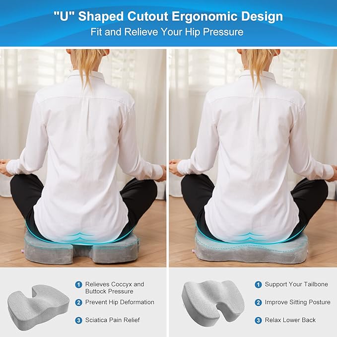 Bomdaia Seat Cushion for Office Chair, Memory Foam Coccyx Cushion Pad, Desk Chair Car Seat Cushion for Tailbone, Sciatica, Lower Back Pain Relief (Gray)