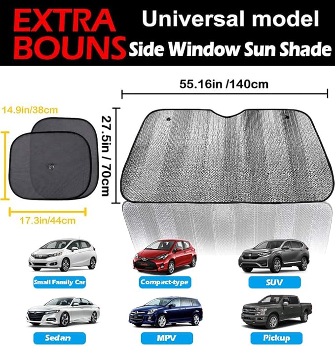Windshield Sun Shade, Car Window Shade as Bonus by Big Hippo Keep Vehicle Cool Protect Your Car from Sun Heat & Glare Best UV Ray Visor Protector (Size: 55.16"X 27.5")