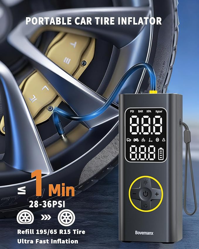 Car Tire Air Pump Portable Air Compressor, 150 PSI Cordless Tire Inflator Battery for Inflating/Charging with 12V DC Cord, Digital Gauge, Led Light for Car, Motorcycle, Bike, Balls and More (Yellow)