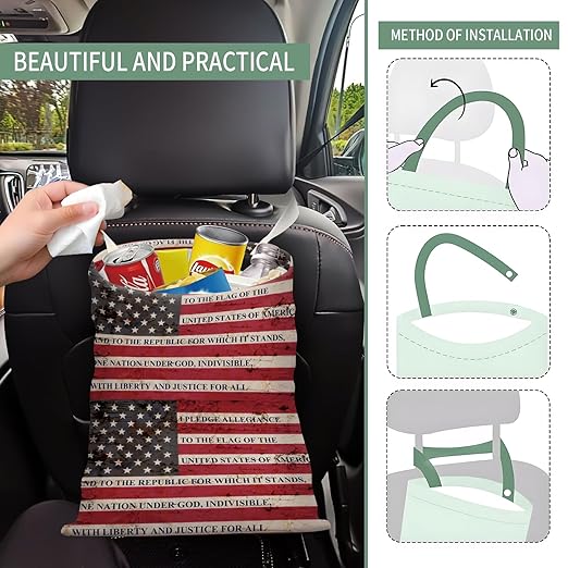 Cute Car Trash Can, Hanging Canvas Car Back Seat Organizer and Storage Bag, Funny Car Trash Bag for Travelling, Outdoor Cute American Flag Print