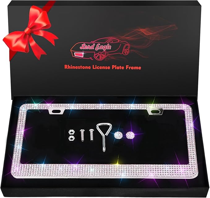 Bling License Plate Frame - Stainless Steel Colorful Rhinestones Car Accessories with 1200 Crystals, Universal Fit Decorative Diamond Plate Covers for Women Men All Cars