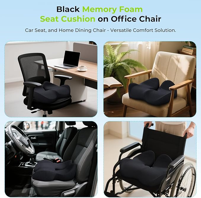 Memory Foam Seat Cushion for Office Chairs & Car Seat - Ergonomic Office Desk Accessories for Tailbone Pain Relief, Sciatica & Back Support