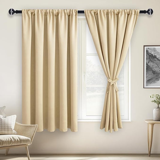 JIUZHEN Blackout Curtains for Bedroom - 60 Inch Extra Wide Thermal Insulated Room Darkening Privacy Soundproof Curtains for Living Room/Dorm Room, Set of 2 Panels, 60 x 63 inches,Light Beige