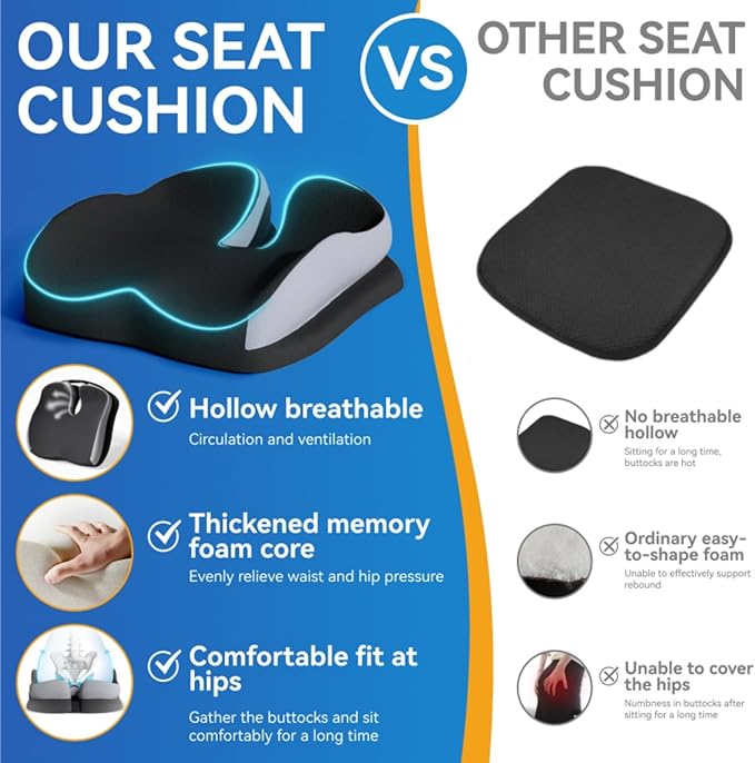 Seat Cushions for Office Chairs Wheelchair Cushion for Long Sitting Back Pain,Memory Foam Seat Car Computer Desk Chair Cushion,Coccyx Cushion for Tailbone Pain Relief Cushion Office Chair Butt Pillow