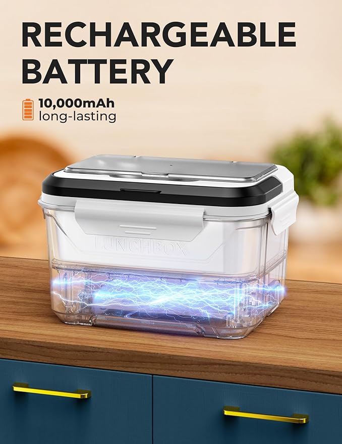 EAST OAK Heated Lunch Box Battery Powered with Automatic Heating, Cordless Heatable Lunchbox for Adults, 1.3L Portable Food Warmer with Insulated Carry Bag